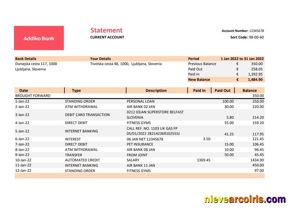 Slovenia Addiko bank statement xls